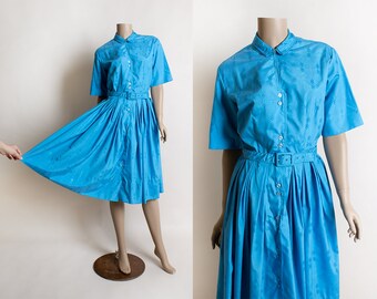 Vintage 1960s Bright Blue Shirtwaist Dress - Button Up Front and Double Collar Diamond Texture Embroidery - Pleated Skirt Nan Leslie Small
