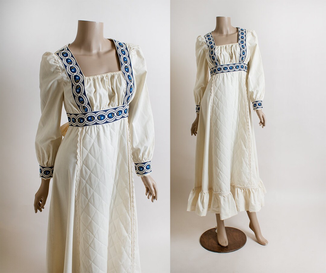 Vintage 1970s Gunne Sax Dress - White & Blue Trim Prairie Long Sleeve ...