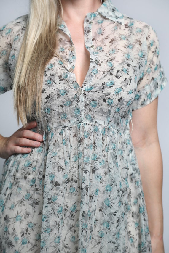 Vintage 1960s Dress - Sheer Floral Print Mint Blu… - image 5