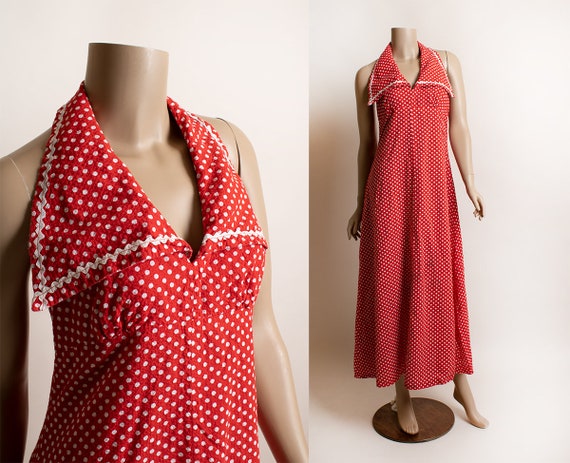 Vintage 1970s Red Polka Dot Maxi Halter Dress - S… - image 1