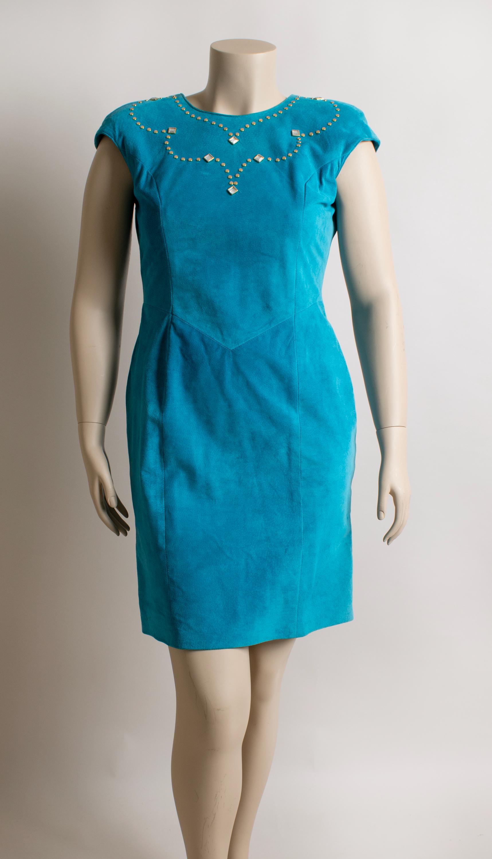 chinese dress ladies Teal V Neck Flared Leather Dress – LeatherViz main image 1
