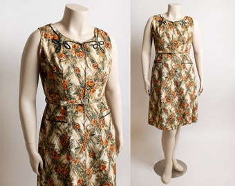 Vintage 1960s Dress - Orange Rose Floral Print Cotton Front Zip Tunic Dress with Belt - XL Large 60s Top Mode Frocks Sleeveless Curvy Volup