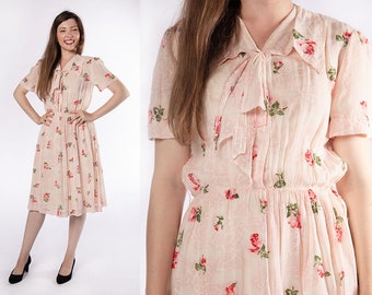 Vintage 1950s Rose Print Dress - Sheer Floral Print Casual Handmade Dress in Light Pink and Magenta - Feminine Girly Ascot Bow - Small