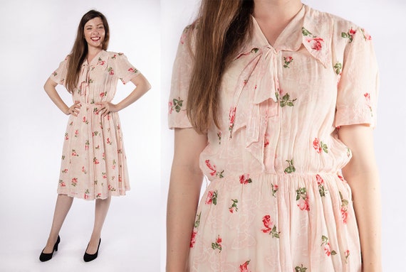 Vintage 1950s Rose Print Dress - Sheer Floral Pri… - image 1