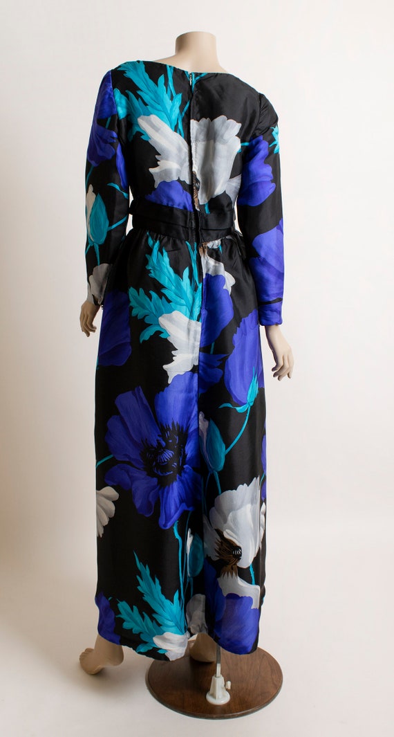 Vintage 1970s Floral Maxi Dress - Blue Teal Black… - image 4