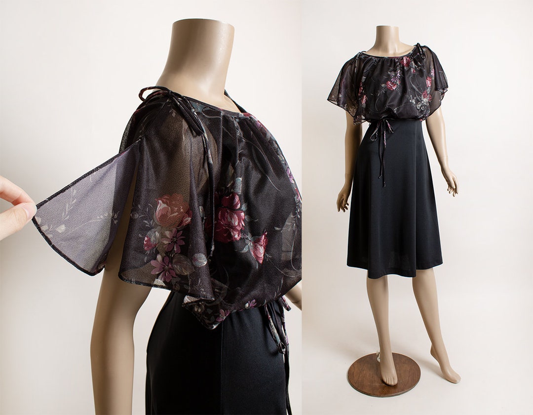 70s Black Floral Dress Flutter Sleeves M