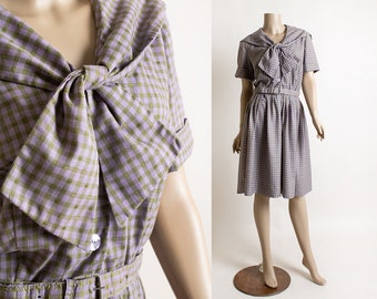 Vintage 1960s Dress - Pastel Lavender Purple & Olive Green Plaid Checkered Dress with Sailor Flap and Bow Neckline - Belt - Cotton Medium