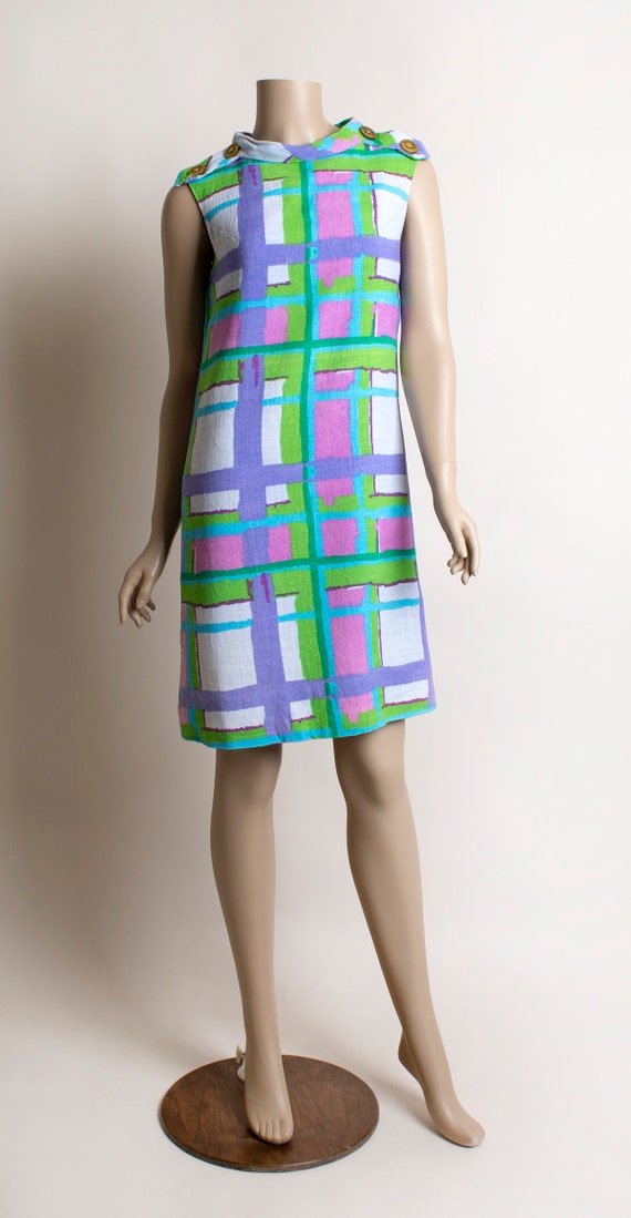 Vintage 1960s Mod Dress - Geometric Plaid Print B… - image 3