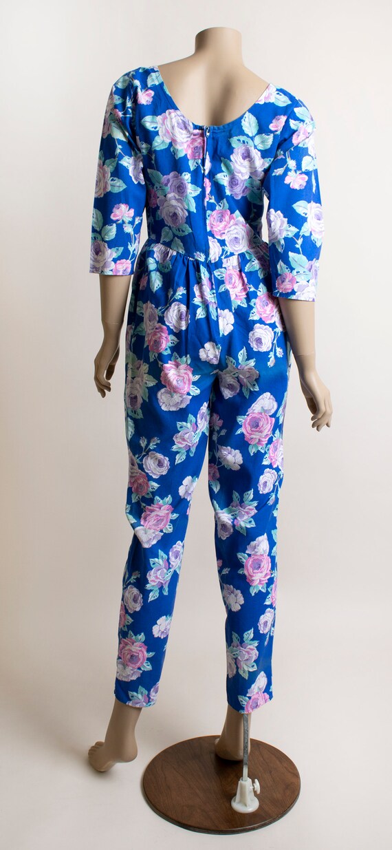 Vintage 1980s Floral Jumpsuit - Bright Royal Blue… - image 4