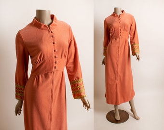 Vintage Peachy Orange Robe by Lounge Craft - Gold Trims - 1960s 1970s Soft Maxi Long Sleeve Full Length Dress - Small Medium