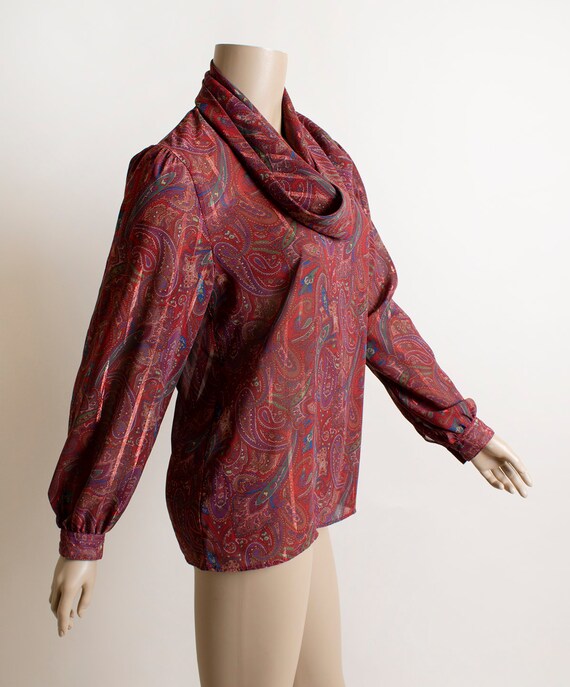 Vintage 1980s Paisley Print Blouse - Maroon Burgu… - image 3