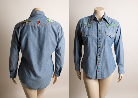 Vintage 1970s Embroidered Button Up Shirt - Chamb… - image 1