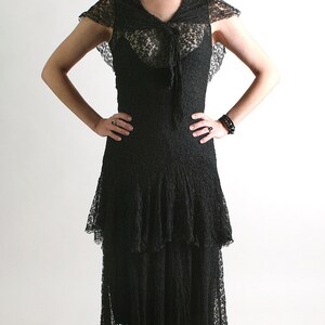 1930s Lace Dress Vintage Jet Black Tiered Skirt Maxi Dress XS Small Evening Gown image 3