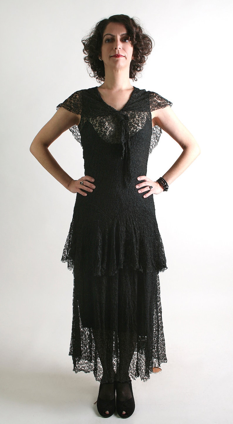 1930s Lace Dress Vintage Jet Black Tiered Skirt Maxi Dress XS Small Evening Gown image 3