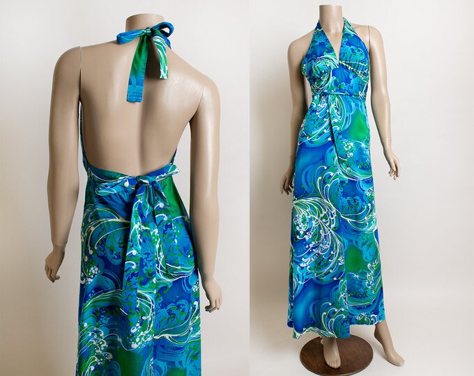 Vintage Hawaiian Halter Maxi Dress - 1970s Blue Swirl Open Back Hawaii ...