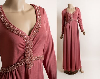 Vintage 1970s Mauve Maxi Dress - Rhinestone Glittery Tinsel Trims - Long Sleeves Floor Length Gown - Disco Glam Pink Shimmery - Small