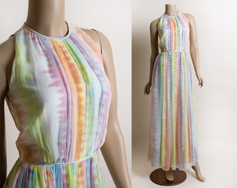 Vintage 1970s Rainbow Chiffon Maxi Dress - Pastel Tie Dye Effect Sheer Nylon Sleeveless Summer Gown - Dalani - XS small
