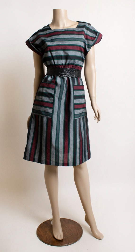 Vintage 1980s Striped Dress with Belt - Maroon Bu… - image 2