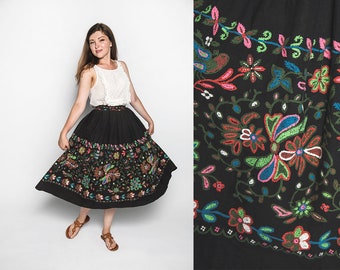 Vintage 1950s Border Print Skirt - Cotton Floral Rainbow Colorful Folk Print Flower Full Skirt - Small