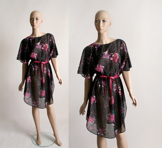 Vintage 1970s Sheer Dress - Mini Dark Floral Black
