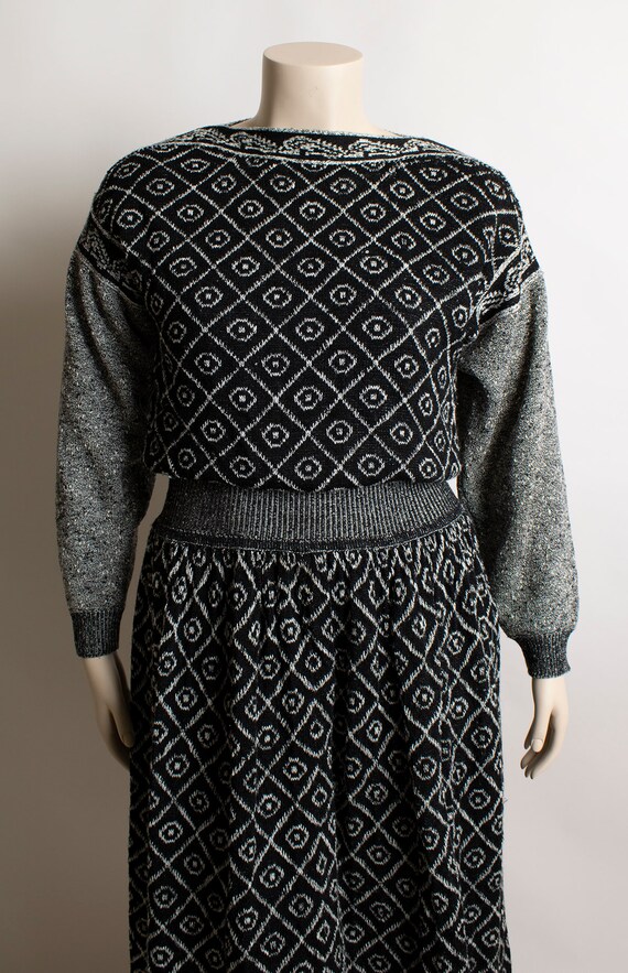 Vintage Knit Sweaterdress - Black and White Geome… - image 5