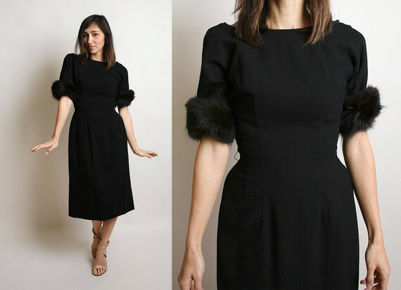 Vintage 1960s Wiggle Dress - Fur Trimmed Cuffs - B