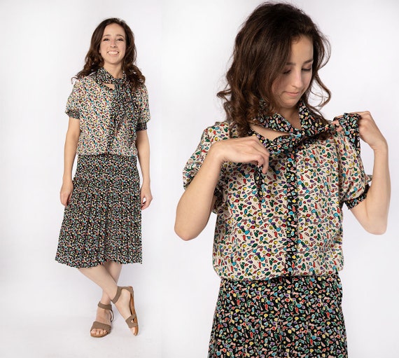 Vintage 1980s Blouse & Skirt Set - Colorful Rainbo