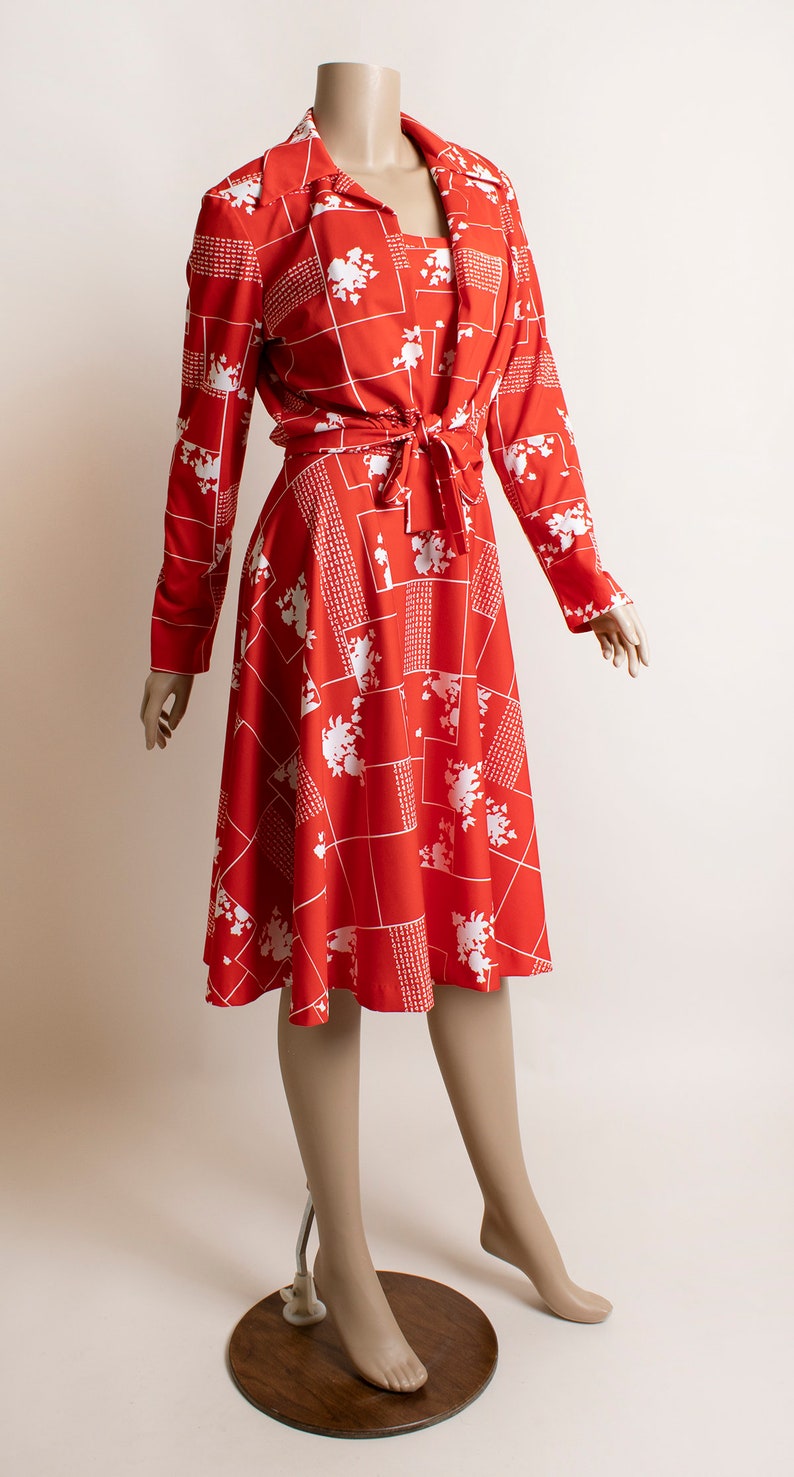 Vintage 1970s Dress & Jacket Set Cherry Red Floral Print Etsy