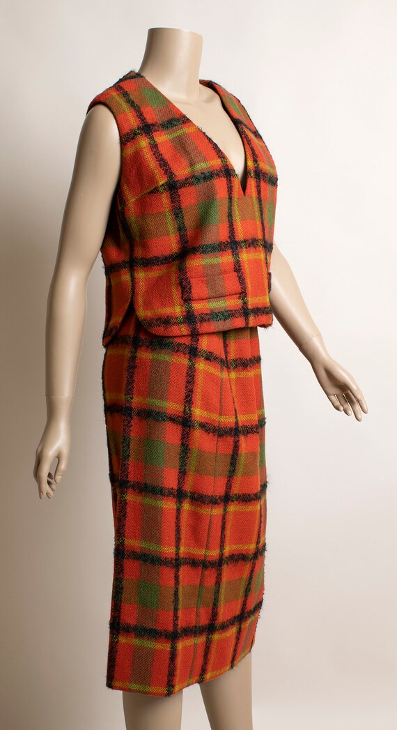 Vintage 1960s Plaid Skirt Vest & Coat Set - Red T… - image 3