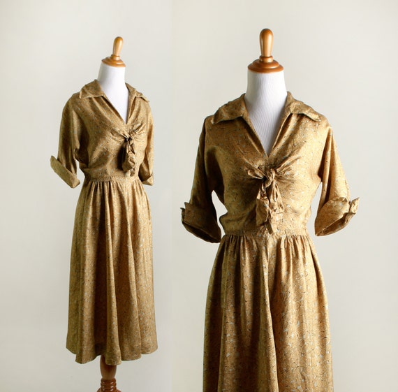 Vintage 1940s Dress - Mustard Yellow Swirls and Do