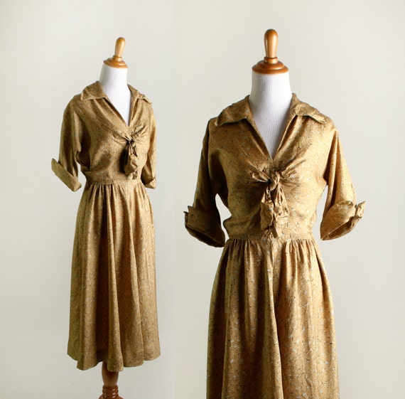 Vintage 1940s Dress - Mustard Yellow Swirls and D… - image 1