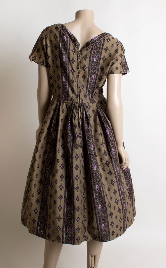 Vintage 1950s Dress - Dark Olive Brown & Purple S… - image 4