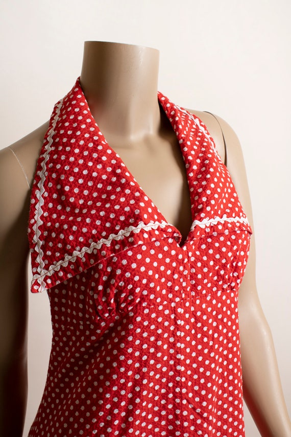 Vintage 1970s Red Polka Dot Maxi Halter Dress - S… - image 5