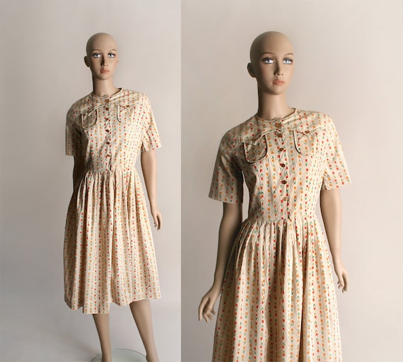 Vintage 1960s Tulip Print Dress - Cotton Oatmeal Floral