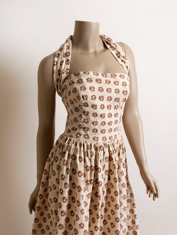 Vintage 1950s Halter Dress - Light Cocoa Brown Au… - image 4