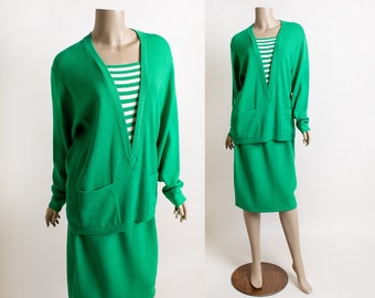 Vintage 1980s St. John Knits Sweater Top & Skirt Set - Kelly Green and White Striped Oversize Knitwear - 80s Small Medium