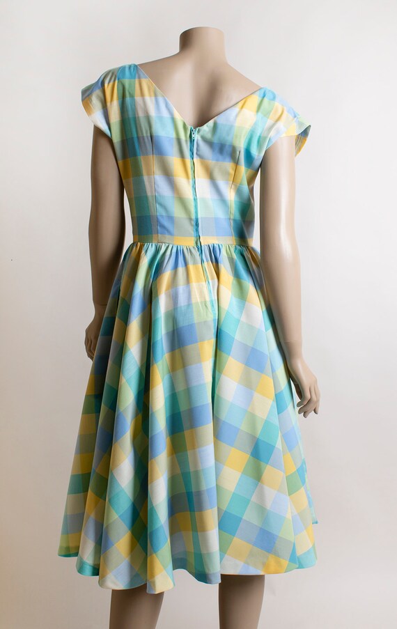 Vintage 1980s Plaid Dress - Pastel Blue Yellow Gr… - image 4