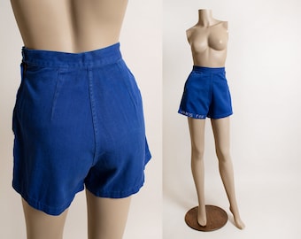 Vintage 1940s Betty Brooks Shorts - Royal Blue Embroidered Janis Fox High Waist 40s 50s Gym Sporty Cotton XS - 23" waist