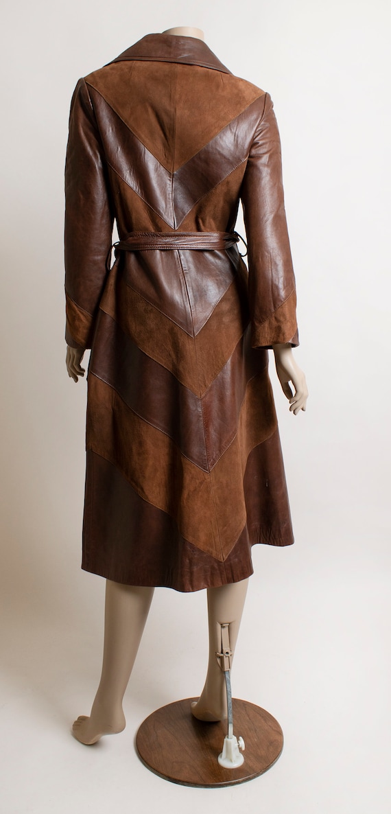 Vintage Brown Leather Trench Coat - Chevron Patte… - image 4