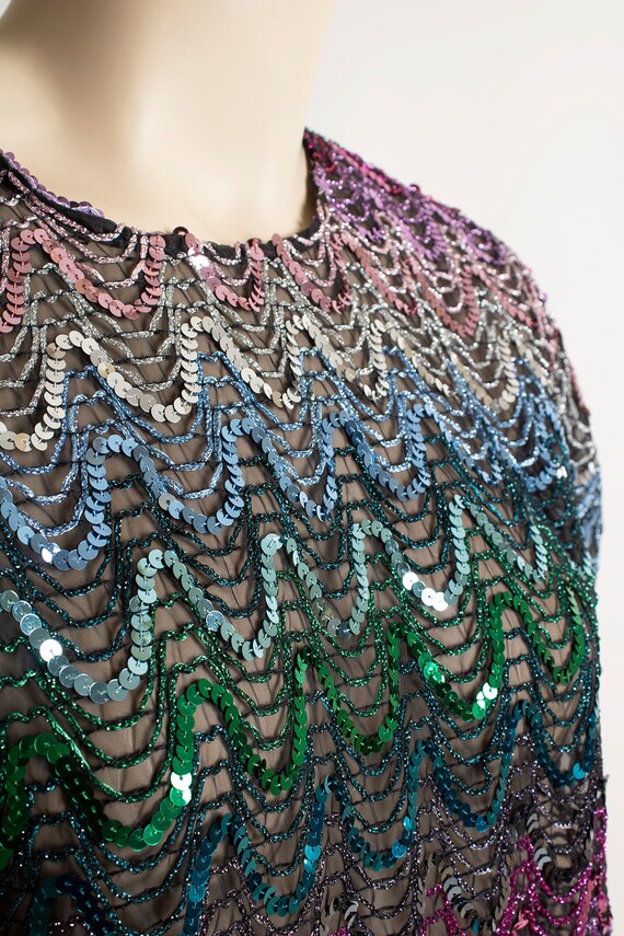 Vintage 1980s Sequin Top - Sheer Rainbow Ombre Wa… - image 5