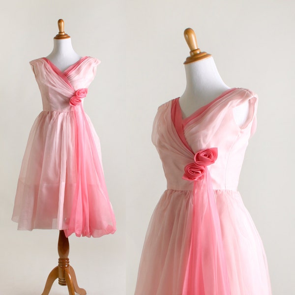 Vintage Rose 1960s Dress - Cotton Candy Pink Chiffon Party Dress - XS XXS Prom Dress
