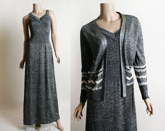 Vintage 1970s Knit Dress - Silver Lurex Maxi Dress with Matching Chevron Knit Jacket - Cream Metallic - Small Medium