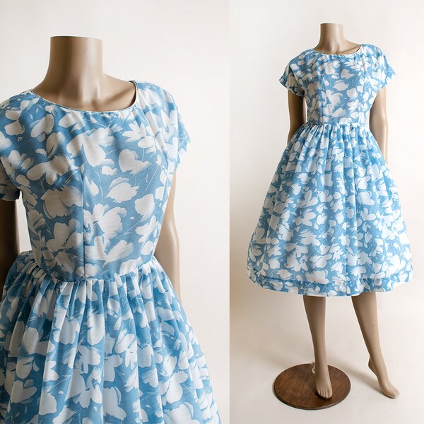 Vintage 1960s Floral Dress - Sky Blue & White Leaf Flower Print Cotton Sheer Day Dress - Fit n Flare - Small