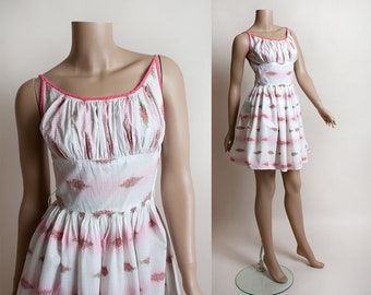 Vintage 1960s Sundress - Pink Flower Bouquet Print on Light White Cotton - Mini Dress - Pleat Shelf Bust - XS Small