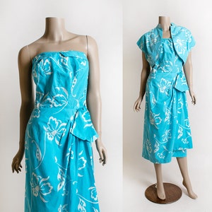 Vintage 1950s Hawaiian Sarong Dress with Matching Bolero - Paradise Hawaii - Aquamarine Blue and White Tropical Floral Print - Medium