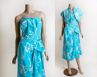 Vintage 1950s Hawaiian Sarong Dress with Matching Bolero - Paradise Hawaii - Aquamarine Blue and White Tropical Floral Print - Medium