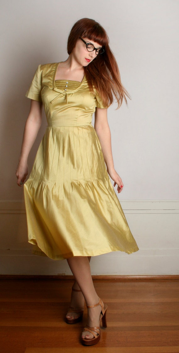 Vintage 1950s Dress - Golden Mustard Yellow Rhine… - image 3