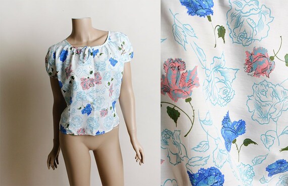 Vintage Rose Print Blouse - 1950s Cotton Pink & S… - image 1