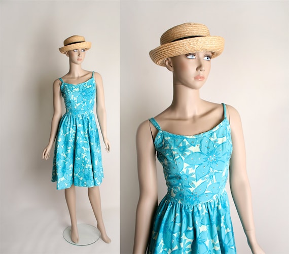 Vintage 1950s Summer Dress - Rhinestone Aquamarine