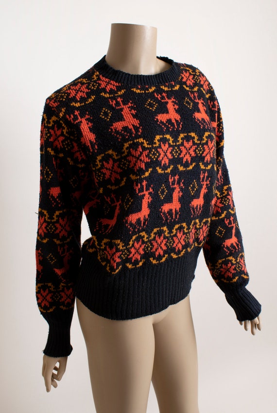 Vintage 1970s Reindeer Sweater - Black and Red Kn… - image 5